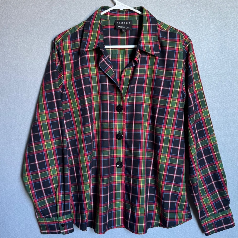 Foxcroft Womens Oxford Wrinkle Free 14 Red Tartan Plaid Holiday Oversized Button